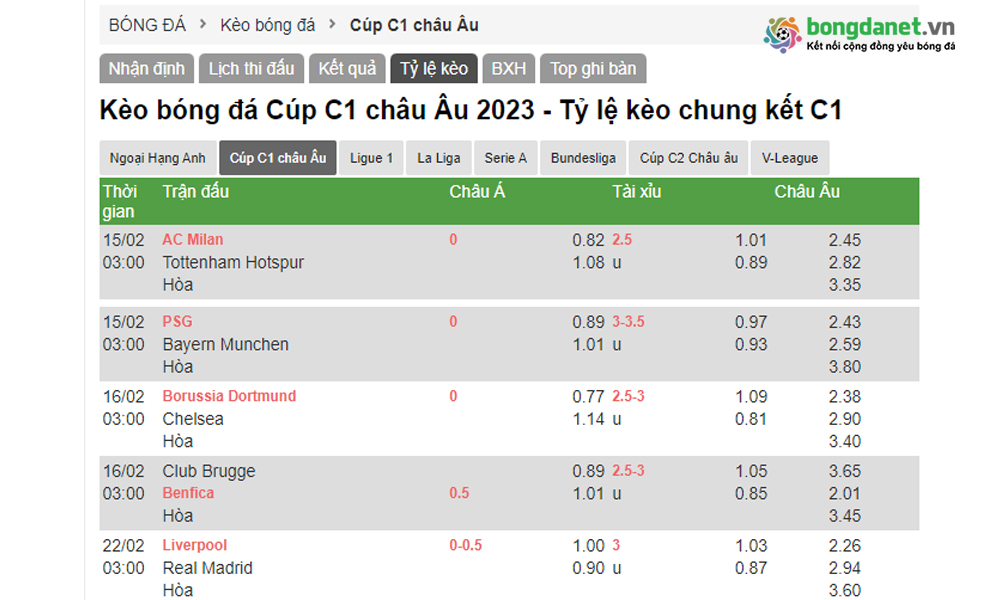 Tỷ lệ cá cược Cúp C1 châu Âu 2024 - Tìm hiểu tỷ lệ kèo chung kết C1